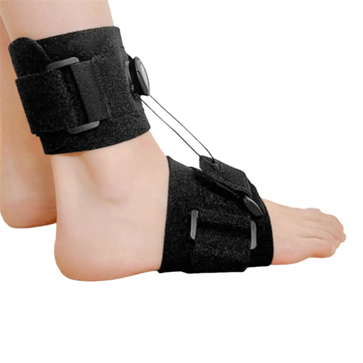 Adjustable foot drop brace — soft ankle cuff, foot strap, and reel-adjust tension cord