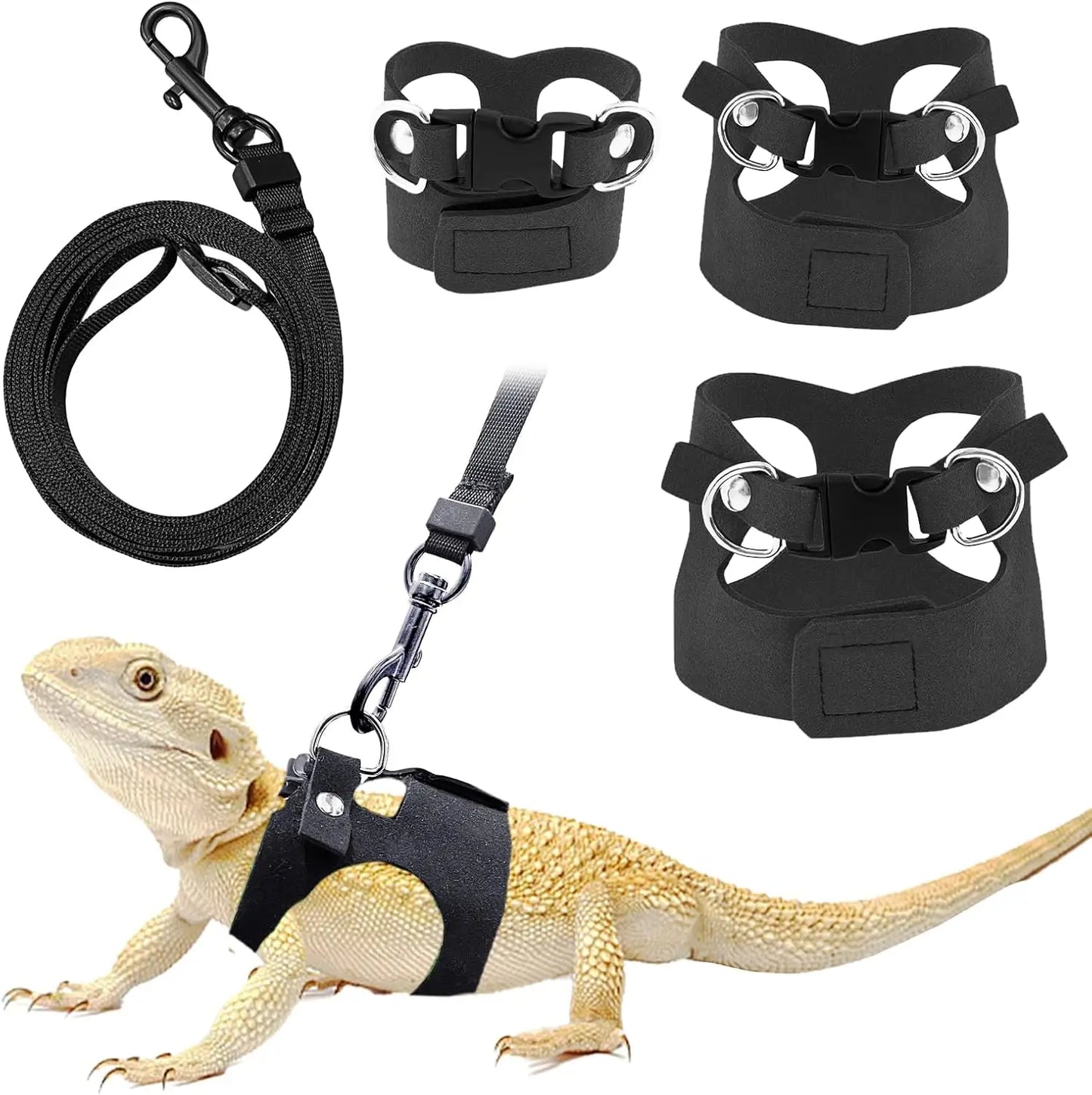 Adjustable Bearded Dragon Harness & Leash for Lizards — Soft, S/M/L 3-Pack