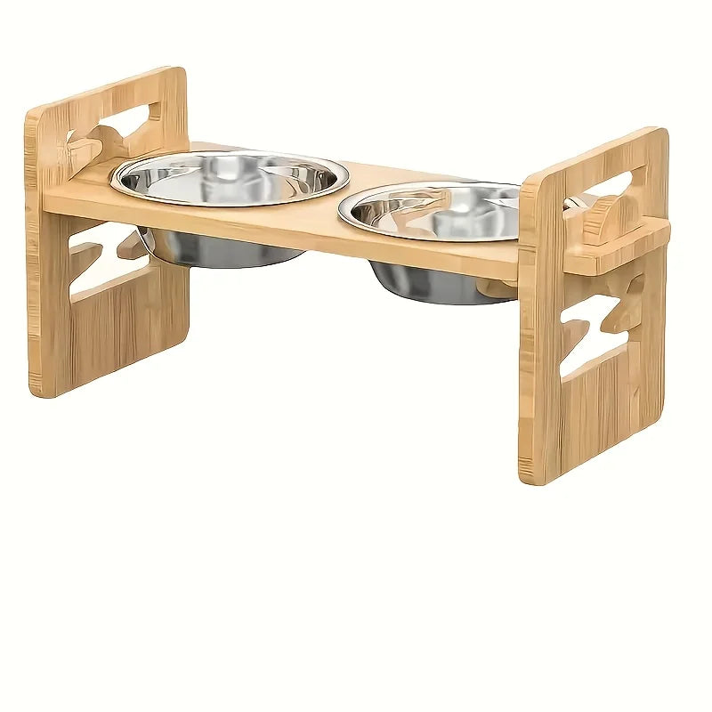 Bamboo Elevated Double-Bowl Cat Feeding Station with Stainless Bowls