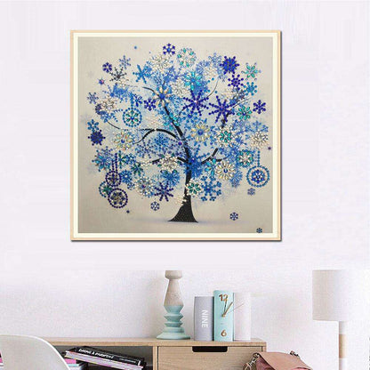 5D crystal diamond painting of a sparkling tree, framed on a wall above a console table
