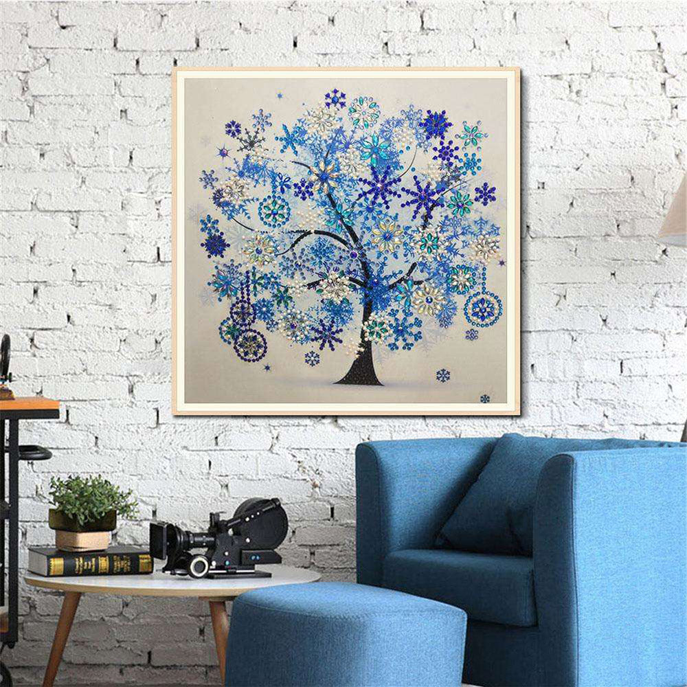 Framed crystal diamond painting displayed on a white brick living-room wall