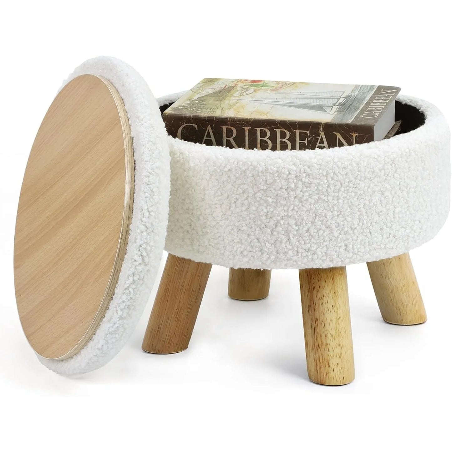 Nordic Boucle Ottoman Footstool Round Pouf with Wooden Legs Hidden