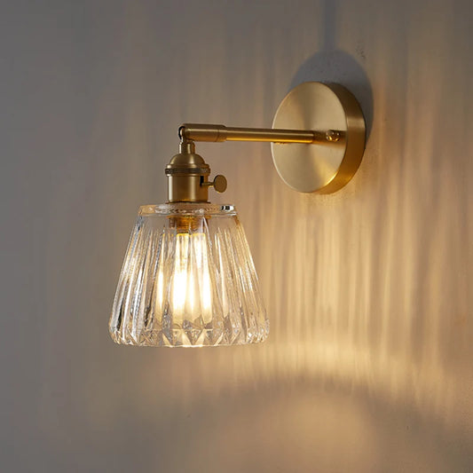 Brass Wall Sconce, Ribbed Glass Shade