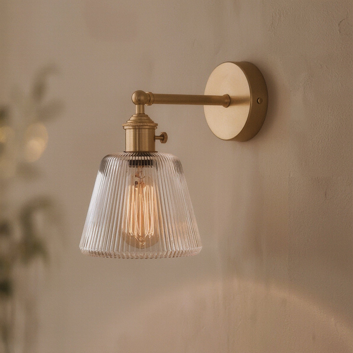 Brass Wall Sconce, Ribbed Glass Shade - lighting fixture, view 2 of 3