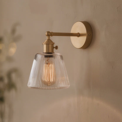 Brass Wall Sconce, Ribbed Glass Shade - lighting fixture, view 2 of 3
