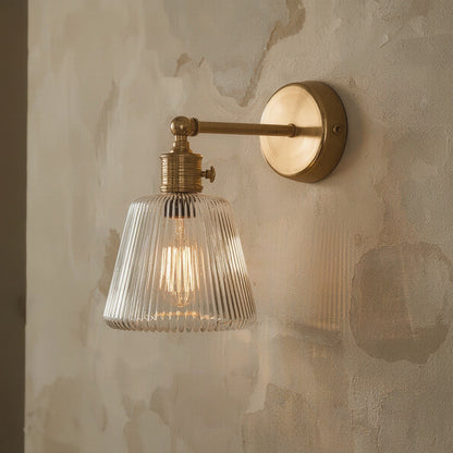 Brass Wall Sconce, Ribbed Glass Shade - lighting fixture, view 3 of 3