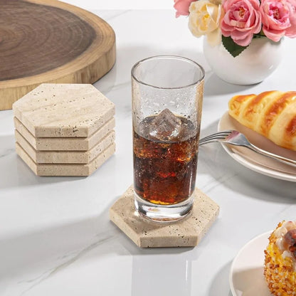 Wabi-Sabi Natural Travertine Coaster Set of 4 — in use under a drink