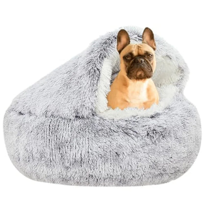 Hooded Burrow Cave Bed for Small Dogs and Cats, Plush