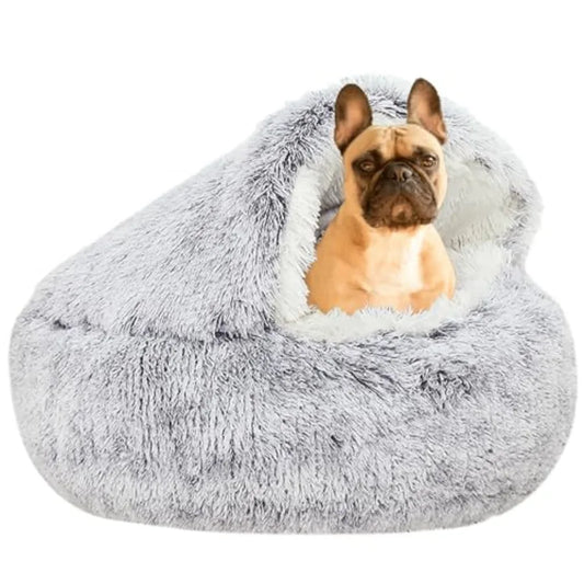 Hooded Burrow Cave Bed for Small Dogs and Cats, Plush