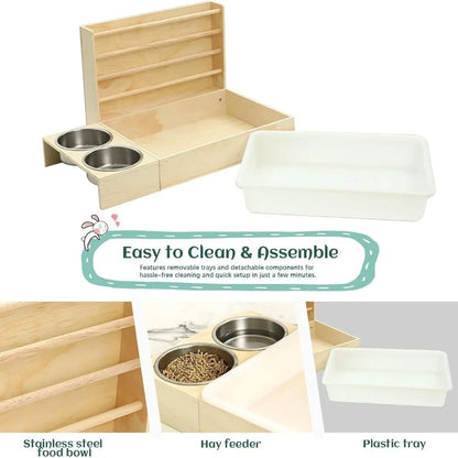 3-in-1 Wooden Rabbit Hay Feeder with Litter Box & Bowls
