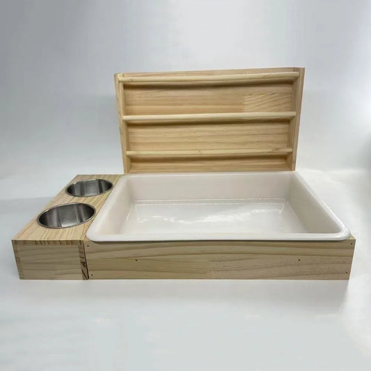 3-in-1 Wooden Rabbit Hay Feeder with Litter Box & Bowls
