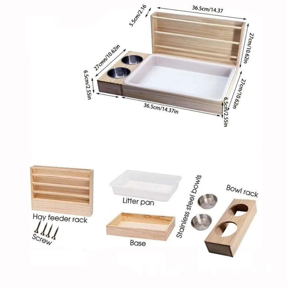 3-in-1 Wooden Rabbit Hay Feeder with Litter Box & Bowls