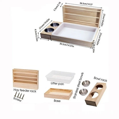 3-in-1 Wooden Rabbit Hay Feeder with Litter Box & Bowls