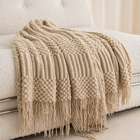 Chunky Knit Throw Blanket, Tasseled Cream