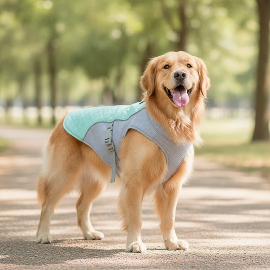 Golden retriever wearing the cooling vest on a sunny summer walk