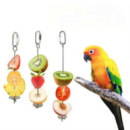 Stainless-Steel Bird Foraging Slow-Feeder for Parrots — 3-Roller Veg & Fruit Skewer