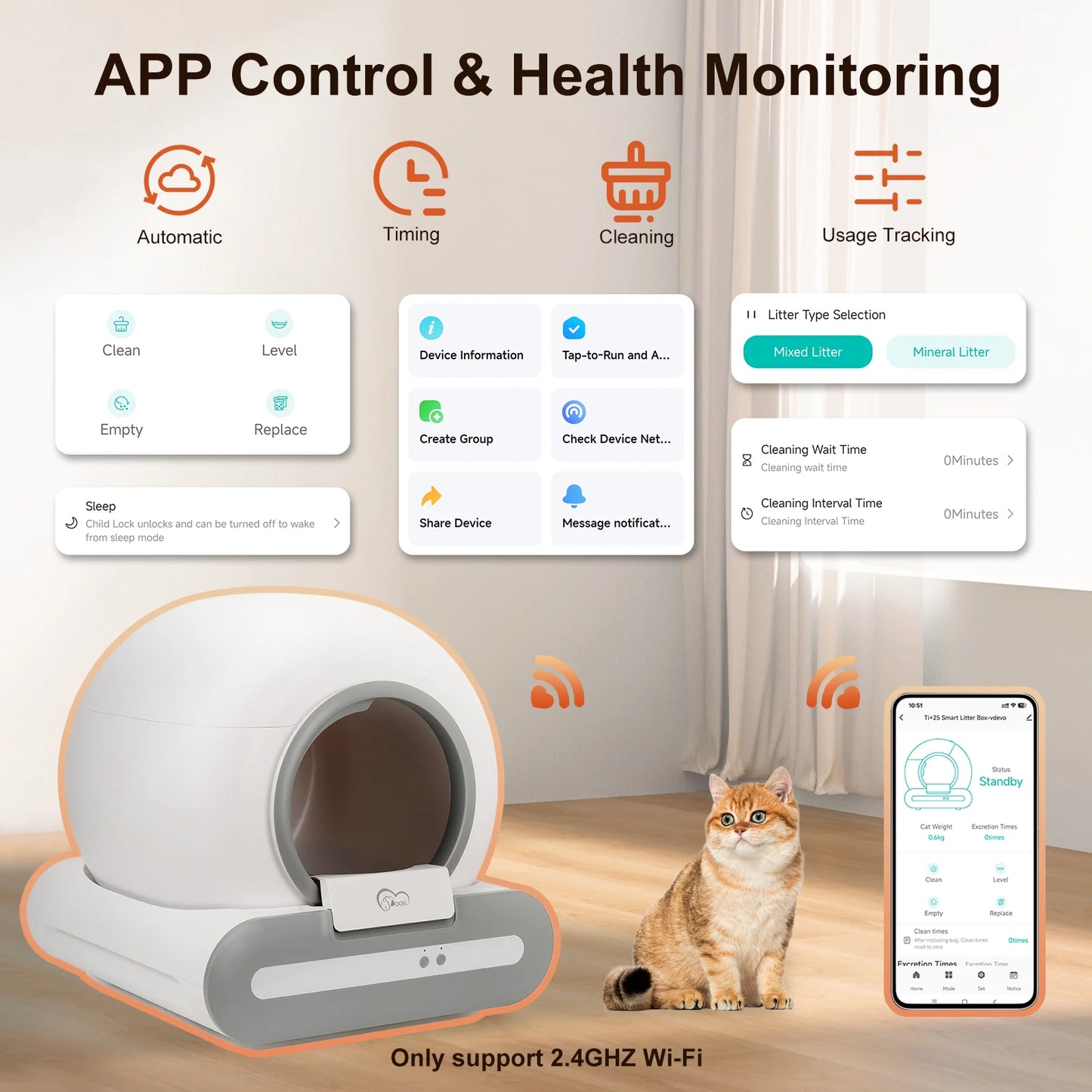 App control and health monitoring over 2.4GHz Wi-Fi - schedule, clean, alerts