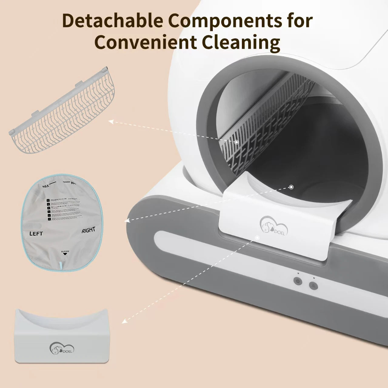 Detachable rake, waste drawer and litter tray for easy cleaning