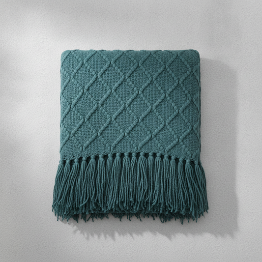 Diamond Knit Throw Blanket with Tassels — Boho Sofa & Bed Decor