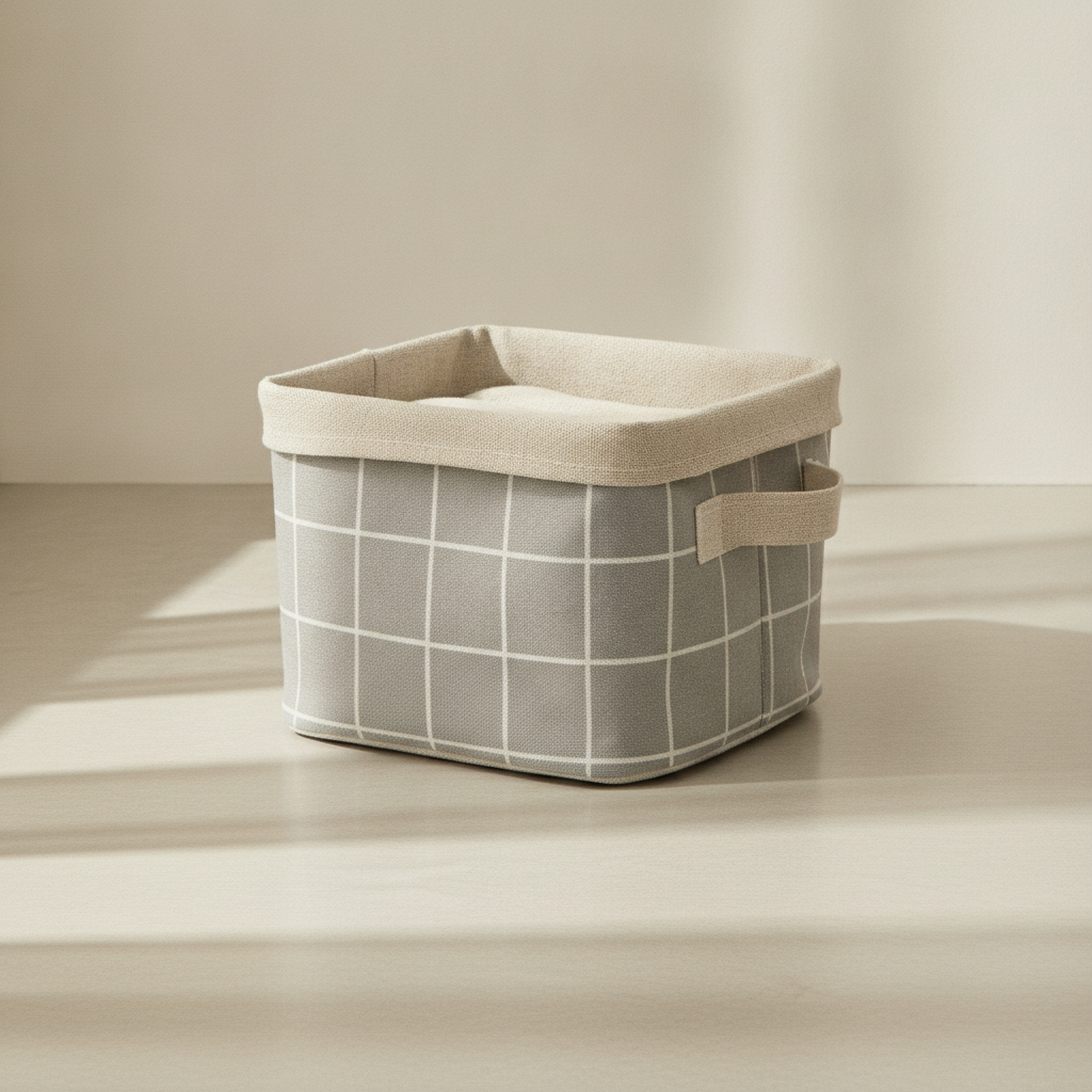 Small Foldable Canvas Storage Basket with Handles, Linen Look