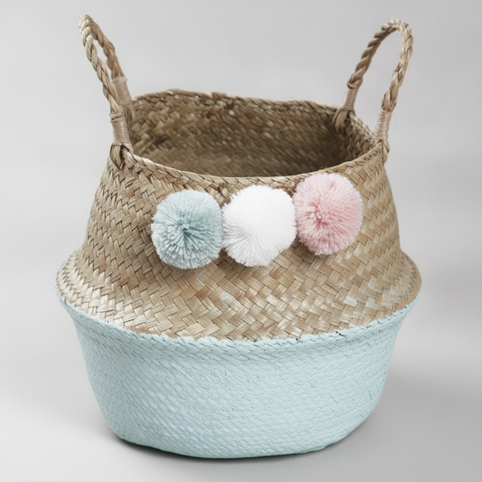 Foldable Seagrass Belly Basket — Woven Planter & Storage Basket with Handles for Plants