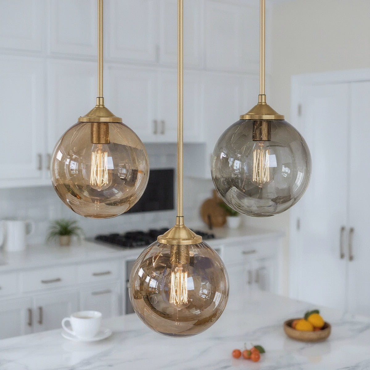 Glass Globe Pendant Light, 3-Light Brass Cluster - lighting fixture, view 4 of 4