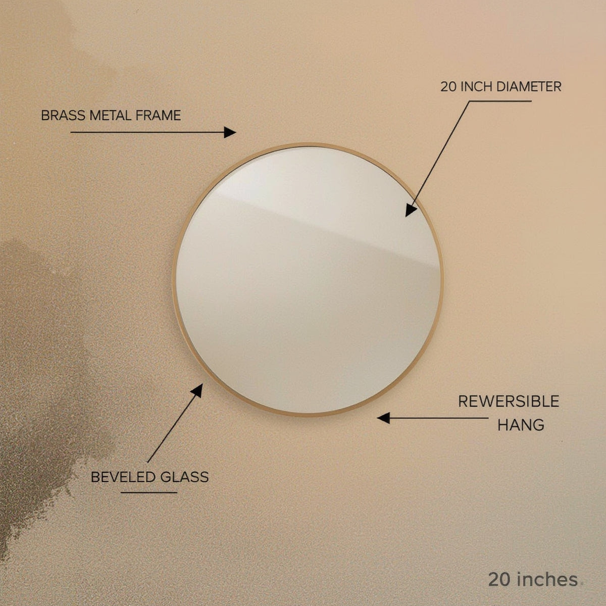 Modern Brass Round Wall Mirror 20-Inch Gold Frame Bathroom Entryway Vanity Decor