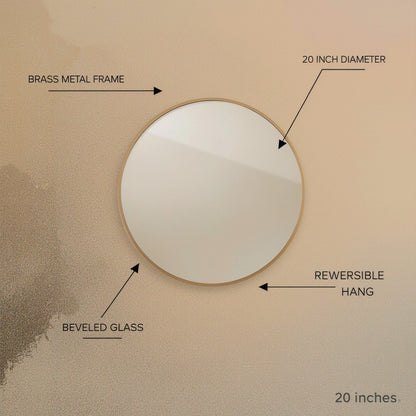 Modern Brass Round Wall Mirror 20-Inch Gold Frame Bathroom Entryway Vanity Decor