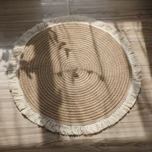 Woven Jute Area Rug, Round with Tassel Fringe