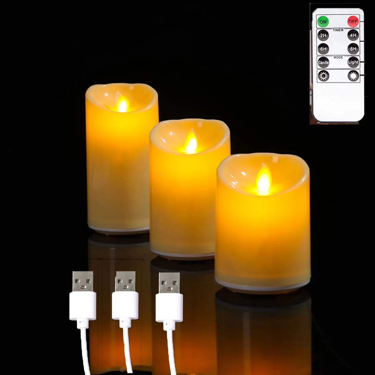 Flameless pillar candle set of 3 with remote and USB charging