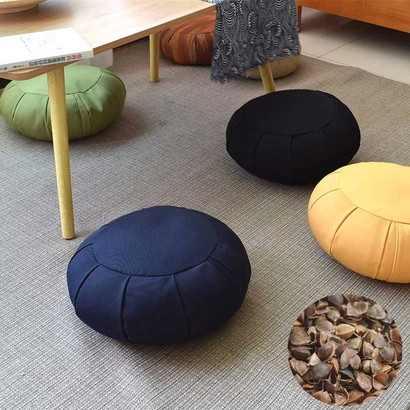 Round Floor Meditation Cushion With Buckwheat Fill and Carry Handle