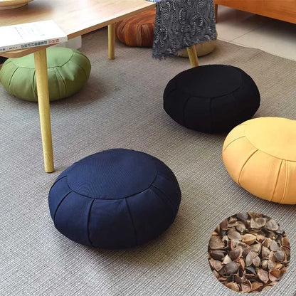 Round Floor Meditation Cushion With Buckwheat Fill and Carry Handle
