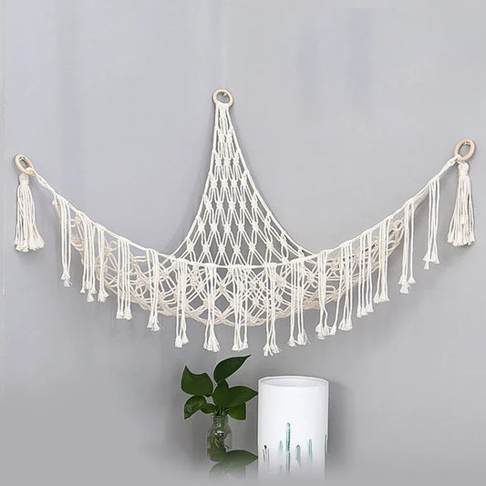 Boho Triangle Hanging Mesh Storage Basket Cotton Tassel Wall Mount