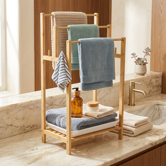 Bamboo Bathroom Counter Ladder Organizer Tiered Towel Plant  lifestyle - Syvah