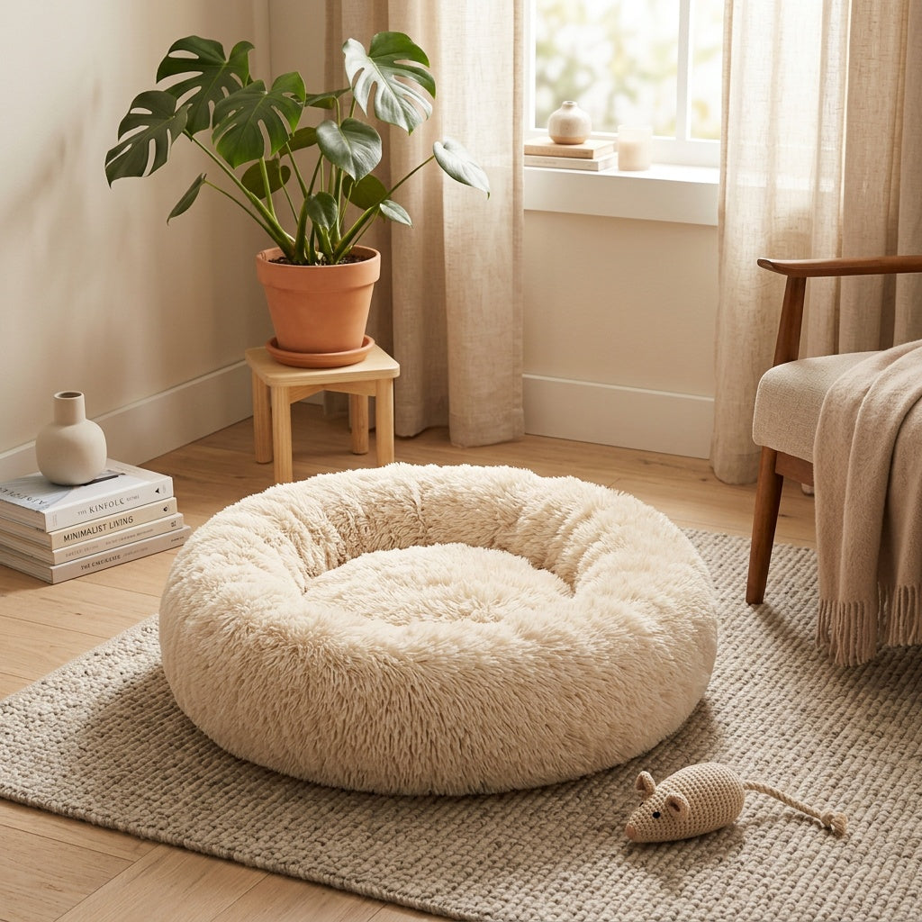 Pet Calming Donut Bed Memory Foam Anti-Anxiety Plush Faux Fu lifestyle - Syvah