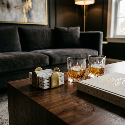 Marble Coaster Set Gold Holder — lifestyle