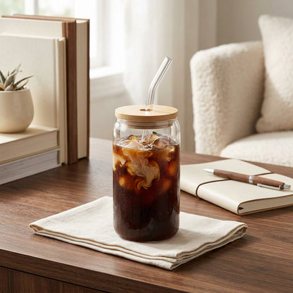 Insulated Glass Coffee Cup Bamboo Lid 16oz Set of 4 Aesthetic