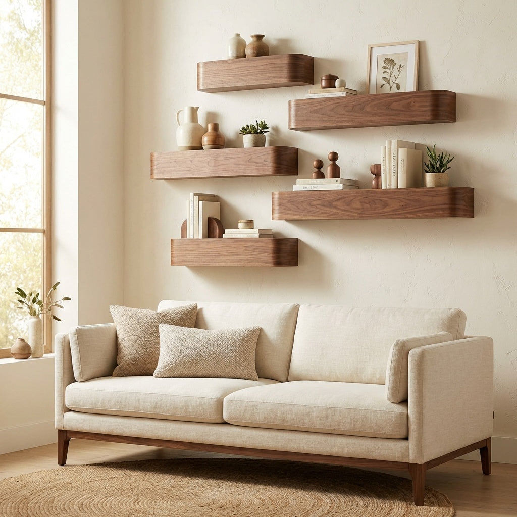 Modular Floating Shelves Walnut Wood Set of 3 Modern Wall Mounted