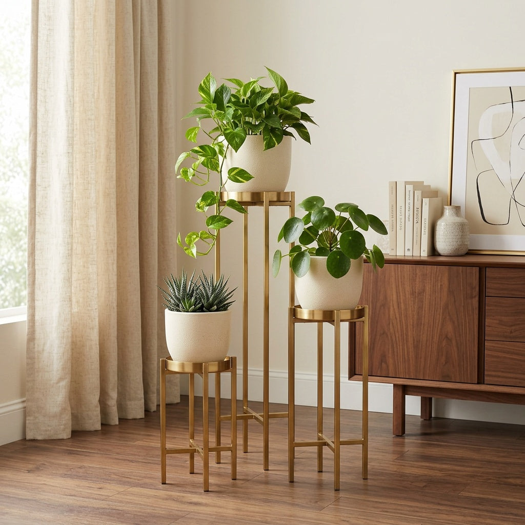 Aesthetic Plant Pot Trio Brass Stand Modern Indoor Premium Set