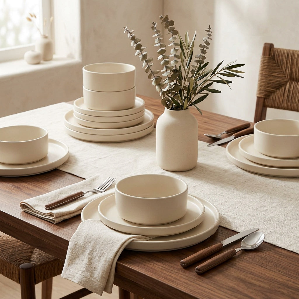 Stoneware Dish Set 16-Piece Modern Aesthetic Dinnerware Cream Black