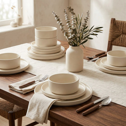 Stoneware Dish Set 16-Piece Modern Aesthetic Dinnerware Cream Black