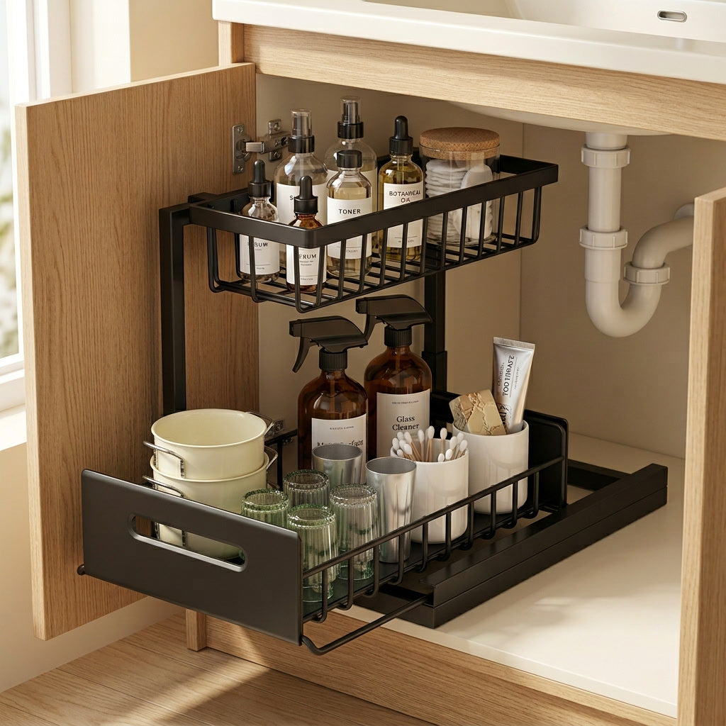 Under-Sink Pull-Out Drawer Organizer 2-Tier Sliding Cabinet  lifestyle - Syvah