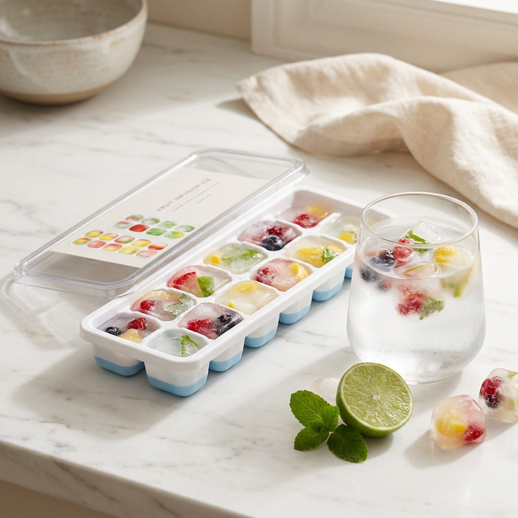Reusable Silicone Ice Cube Tray with Lid Stackable Large Cub lifestyle - Syvah