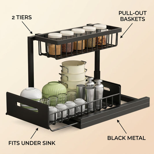 Under-Sink Pull-Out Drawer Organizer 2-Tier Slidin infographic - Syvah