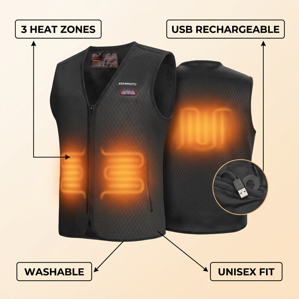 Heated Vest USB Rechargeable Lightweight Winter Ou infographic - Syvah