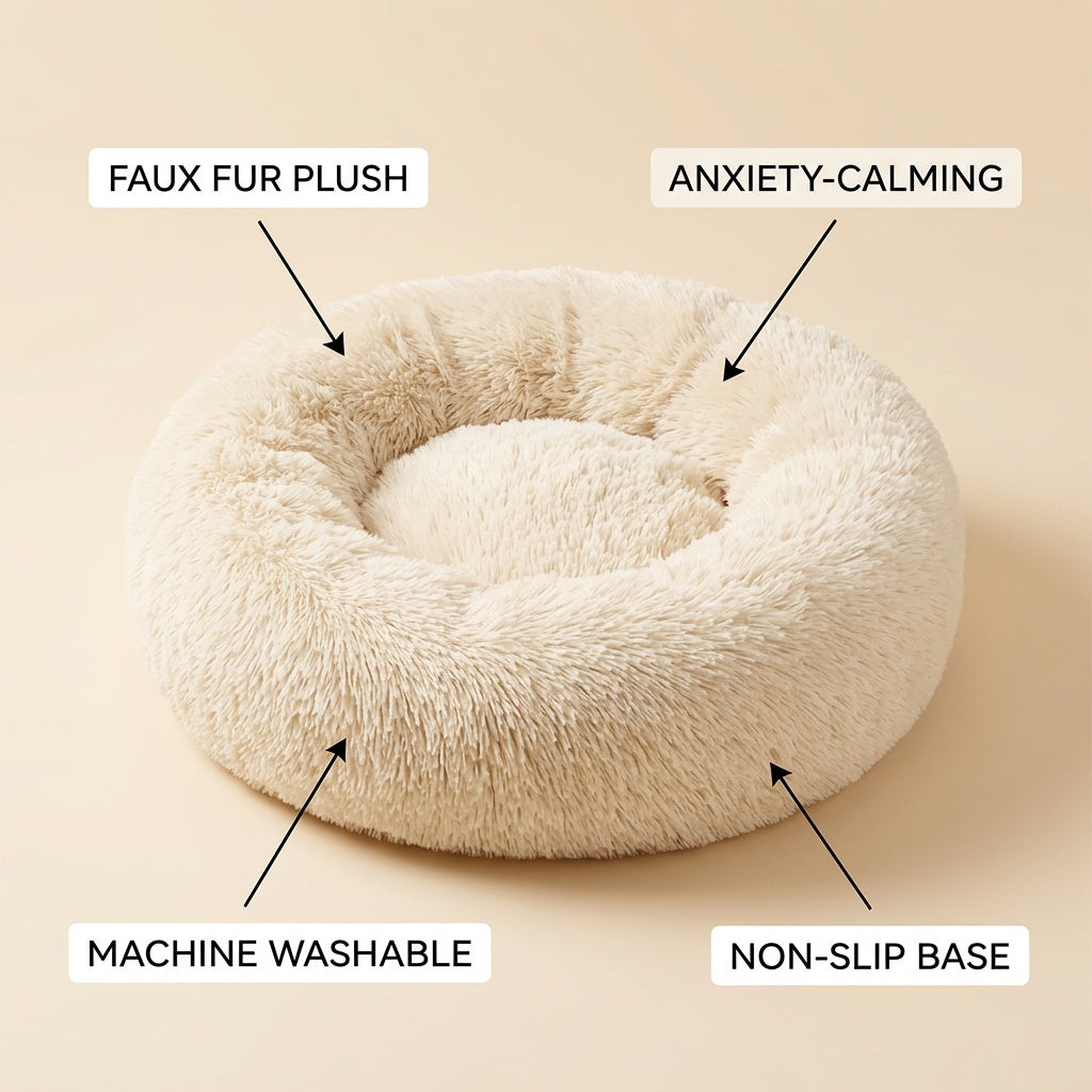 Pet Calming Donut Bed Memory Foam Anti-Anxiety Plu infographic - Syvah