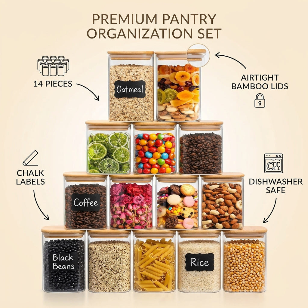 Clear Pantry Canister Set 14-Piece Glass Airtight  infographic - Syvah
