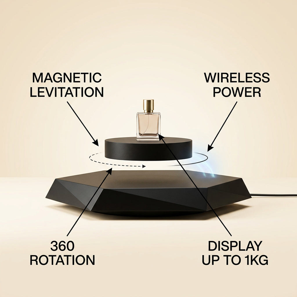 Magnetic Levitation Display Shelf Floating Platfor infographic - Syvah