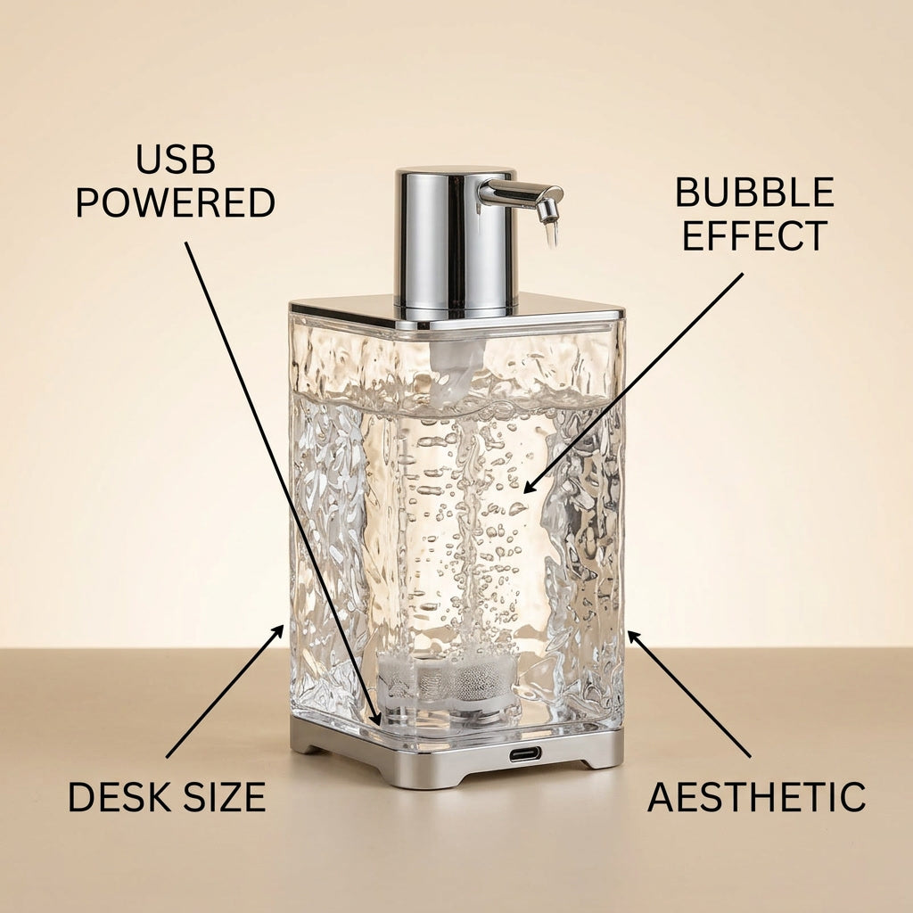 Mini Bubble Water Dispenser USB Aesthetic Tabletop infographic - Syvah