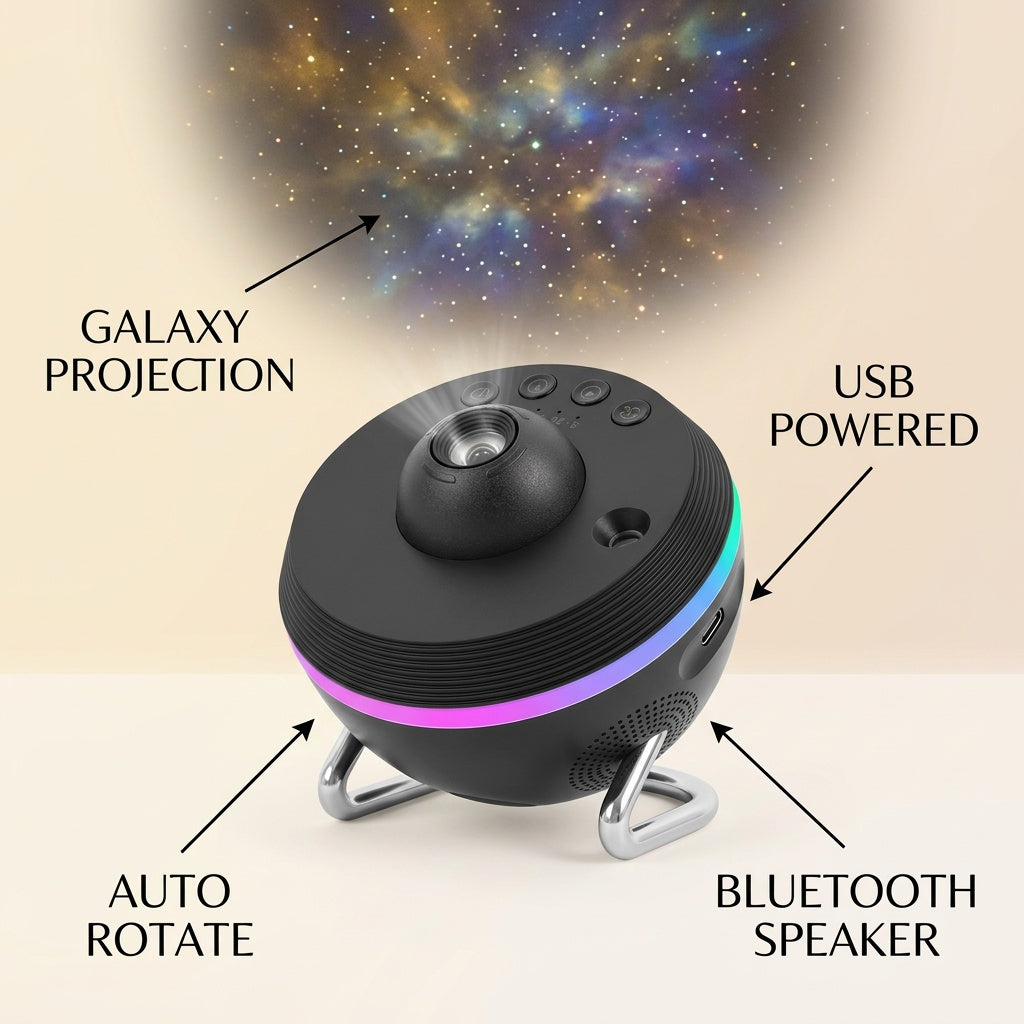 Mini Galaxy Star Projector Night Light USB LED Neb infographic - Syvah